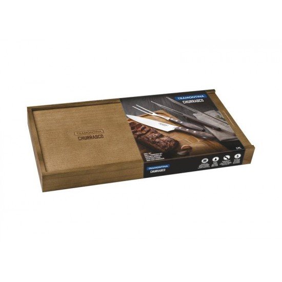 JOGO PARA CHURRASCO EM ACO INOX CABO CASTANHO POLYWOOD COM ESTOJO DE MADEIRA 3 PECAS TRAMONTINA