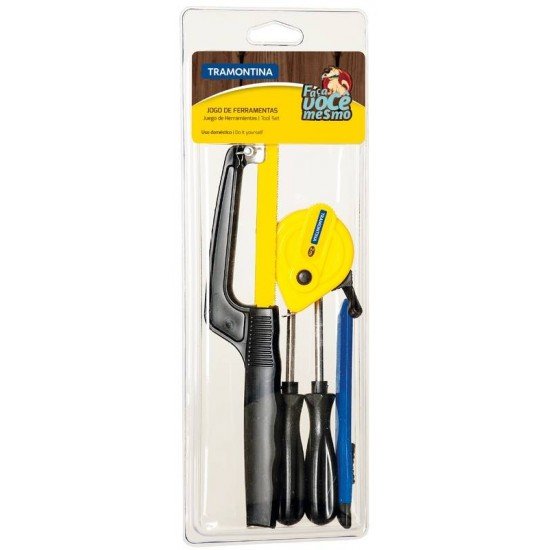 KIT DE FERRAMENTAS COM ESTILETE TRENA CHAVES DE FENDA E MINIARCO DE SERRA 5 PECAS TRAMONTINA