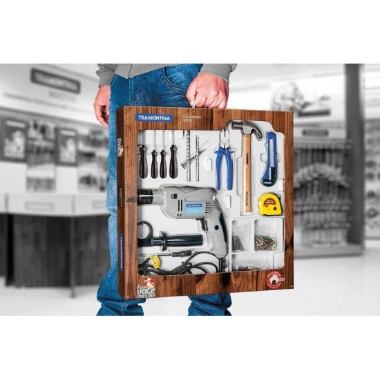 KIT DE FERRAMENTAS COM FURADEIRA ELETRICA 500 W 100 PECAS TRAMONTINA