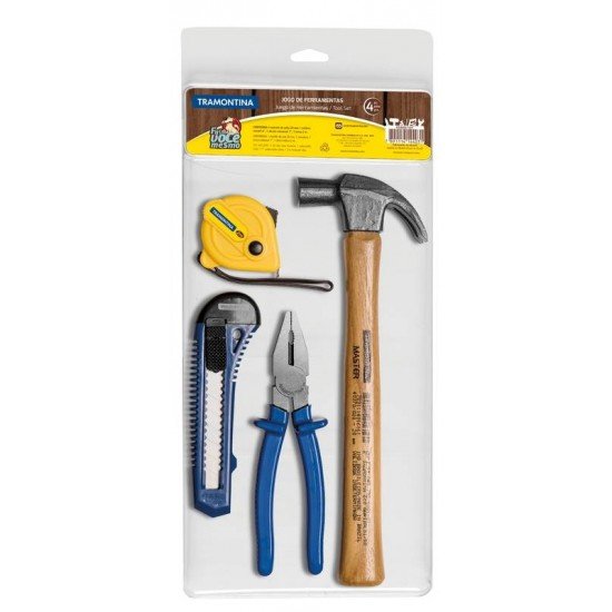 KIT DE FERRAMENTAS COM MARTELO ESTILETE ALICATE E TRENA 4 PECAS TRAMONTINA