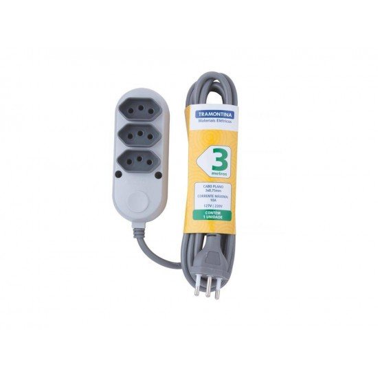 EXTENSAO EM TERMOPLASTICO 3 TOMADAS 2P + T C CABO DE 3M C COMPONEN METAL 10A 250V CINZA TRAMONTINA