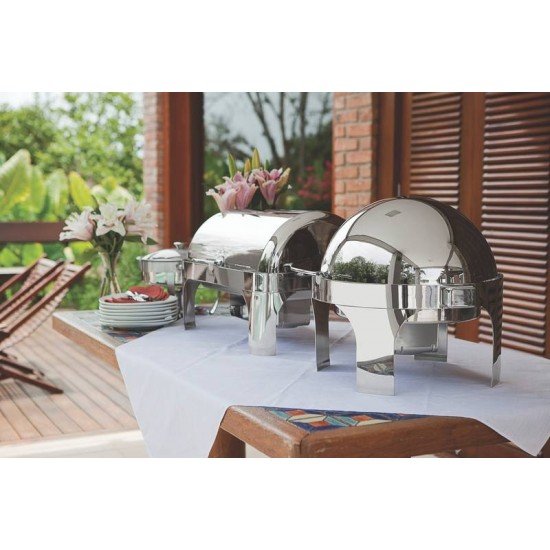 RECHAUD REDONDO EM ACO INOX BANHO MARIA TAMPA GIRATORIA COM FOGAREIRO 6,5 L TRAMONTINA