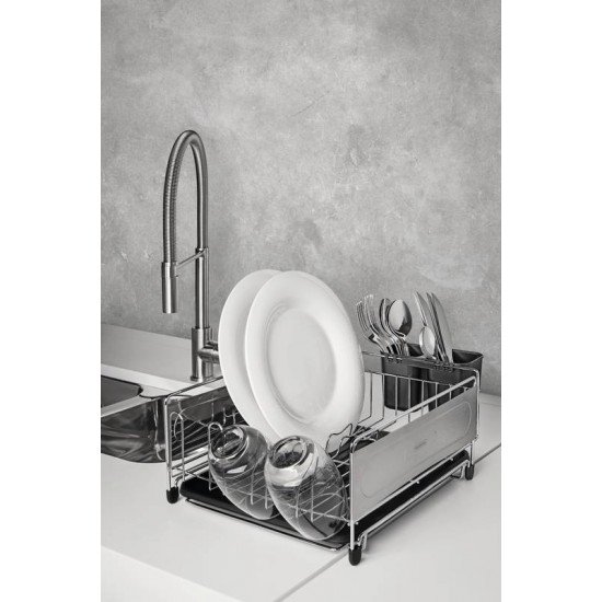 ESCORREDOR DE LOUCA PLURALE EM ACO INOX PRETO COM SECADOR E PORTA TALHERES TRAMONTINA