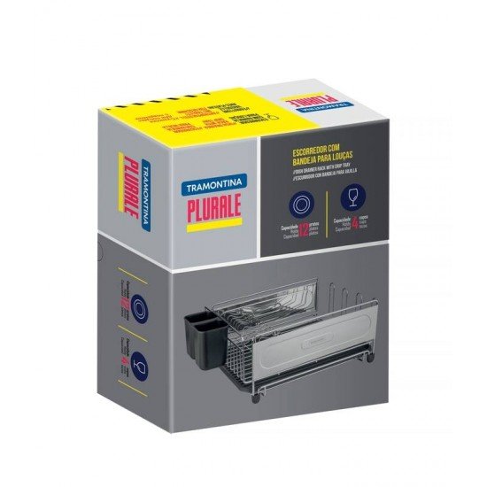 ESCORREDOR DE LOUCA PLURALE EM ACO INOX PRETO COM SECADOR E PORTA TALHERES TRAMONTINA