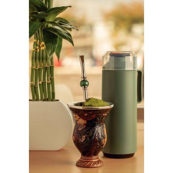 BOMBA DE CHIMARRÃO TRAMONTINA ILEX EM AÇO INOX COM ROSCA E PEDRA ÁGATA VERDE 25 CM