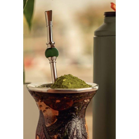 BOMBA DE CHIMARRÃO TRAMONTINA ILEX EM AÇO INOX COM ROSCA E PEDRA ÁGATA VERDE 25 CM