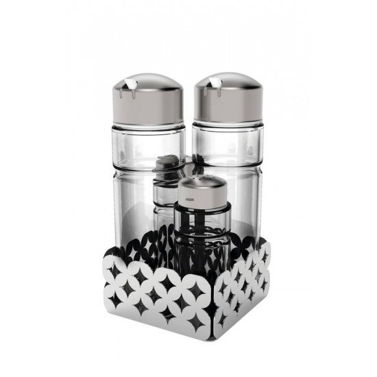 GALHETEIRO LUCE EM VIDRO E ACO INOX 4 PECAS BASE COM DESENHOS VAZADOS TRAMONTINA