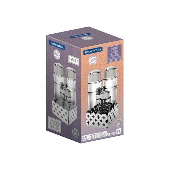 GALHETEIRO LUCE EM VIDRO E ACO INOX 4 PECAS BASE COM DESENHOS VAZADOS TRAMONTINA