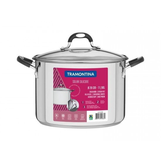 CALDEIRAO SOLAR SILICONE EM ACO INOX COM FUNDO TRIPLO COM TAMPA DE VIDRO 28 CM 11,9 L TRAMONTINA