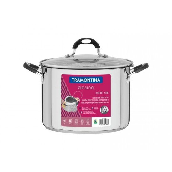 ESPAGUETEIRA SOLAR SILICONE EM ACO INOX COM FUNDO TRIPLO COM TAMPA DE VIDRO 24 CM 7,8 L TRAMONTINA