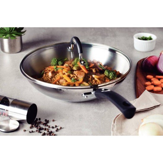 WOK TRAMONTINA ASTRO SILICONE EM AÇO INOX COM FUNDO TRIPLO E TAMPA DE VIDRO 28 CM 3,3 L