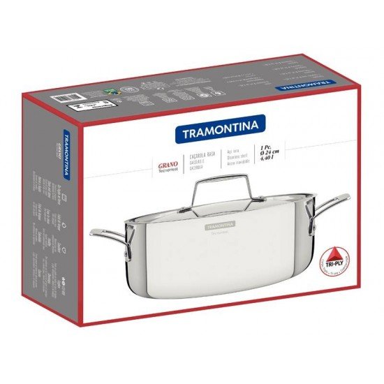 CAÇAROLA TRAMONTINA GRANO RASA EM AÇO INOX CORPO TRIPLO COM TAMPA E ALÇAS 24 CM 4,7 L