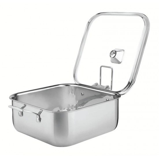 CAÇAROLA TRAMONTINA GRANO QUADRADA EM AÇO INOX COM SUPORTE PARA TAMPA CORPO TRIPLO COM ALÇAS E TAMPA DE VIDRO 7,3 L