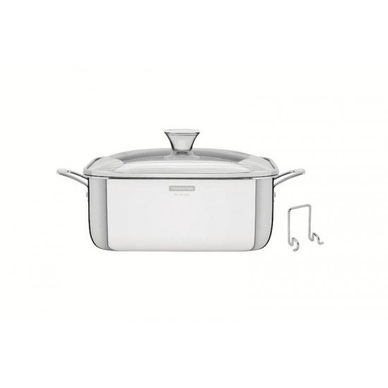 CAÇAROLA TRAMONTINA GRANO QUADRADA EM AÇO INOX COM SUPORTE PARA TAMPA CORPO TRIPLO COM ALÇAS E TAMPA DE VIDRO 7,3 L