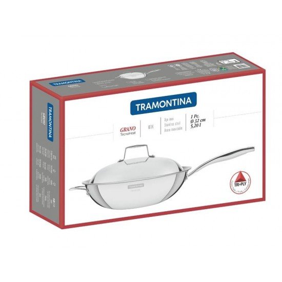 WOK GRANO EM ACO INOX CORPO TRIPLO COM TAMPA E CABO 32 CM 5,2 L TRAMONTINA