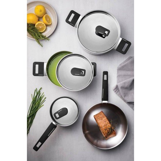 PANELA GRANO BAQUELITE EM ACO INOX COM CORPO TRIPLO TAMPA E CABO DE BAQUELITE 16 CM 1,7 L TRAMONTINA