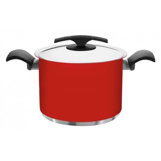 CALDEIRAO DUO COLOR VERMELHO EM ACO INOX FUNDO TRIPLO COM TAMPA E ALCAS 24 CM 7,7 L TRAMONTINA