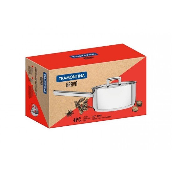 PANELA BRAVA EM ACO INOX FUNDO TRIPLO COM TAMPA PLANA E CABO 16 CM 1,4 L TRAMONTINA