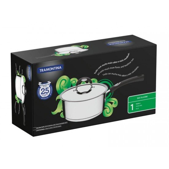 PANELA DUO SILICONE EM ACO INOX FUNDO TRIPLO COM TAMPA E CABO DE SILICONE 16CM 1,4L TRAMONTINA