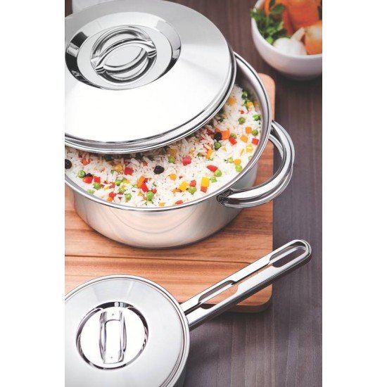 CAÇAROLA TRAMONTINA SOLAR FUNDA EM AÇO INOX FUNDO TRIPLO COM TAMPA E ALÇAS 16 CM 1,8 L