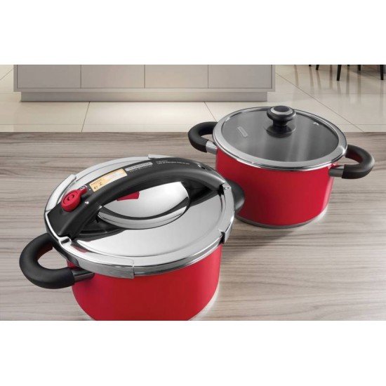 PANELA DE PRESSAO PRESTO VERMELHA EM ACO INOX FUNDO TRIPLO 24 CM 6 L TRAMONTINA