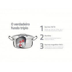 CAÇAROLA TRAMONTINA PROFESSIONAL FUNDA EM AÇO INOX FUNDO TRIPLO COM TAMPA PLANA DETALHE SATINADO 16 CM 1,8 L