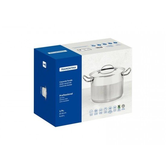 CAÇAROLA TRAMONTINA PROFESSIONAL FUNDA EM AÇO INOX FUNDO TRIPLO COM TAMPA PLANA DETALHE SATINADO 24 CM 6,1 L