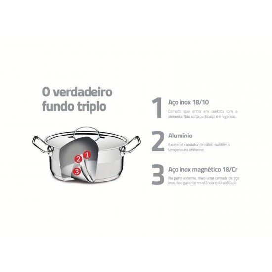 CALDEIRÃO TRAMONTINA PROFESSIONAL EM AÇO INOX FUNDO TRIPLO COM TAMPA PLANA DETALHE SATINADO E CABO 16 CM 2,2 L