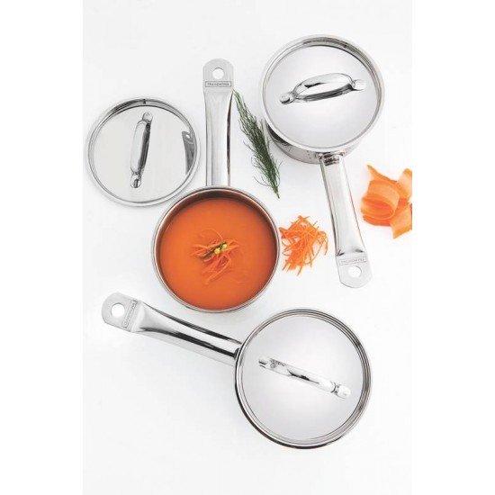 CALDEIRÃO TRAMONTINA PROFESSIONAL EM AÇO INOX FUNDO TRIPLO COM TAMPA PLANA DETALHE SATINADO E CABO 16 CM 2,2 L