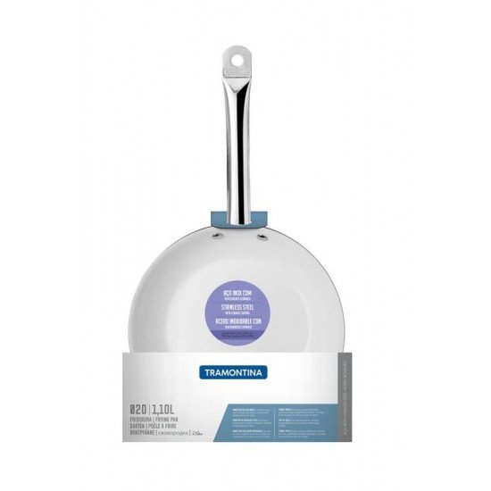 FRIGIDEIRA RASA EM AÇO INOX FUNDO TRIPLO REVESTIMENTO INTERNO EM CERÂMICA BRANCA COM CABO 20 CM 1,1