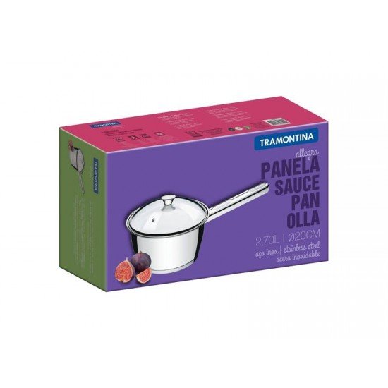 PANELA ALLEGRA EM ACO INOX COM FUNDO TRIPLO E TAMPA DE VIDRO 20 CM 2,7 L TRAMONTINA