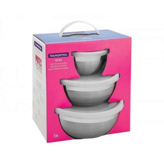 JOGO DE POTES EM ACO INOX COM TAMPA PLASTICA FREEZINOX 3 PECAS TRAMONTINA