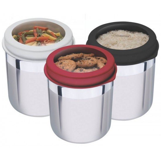 JOGO DE POTES CUCINA EM ACO INOX TAMPA PLASTICA BRANCA COM VISOR 3 PECAS TRAMONTINA