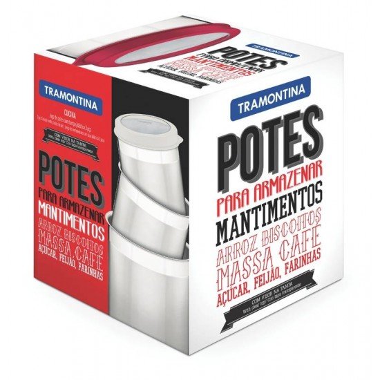 JOGO DE POTES CUCINA EM ACO INOX TAMPA PLASTICA BRANCA COM VISOR 3 PECAS TRAMONTINA