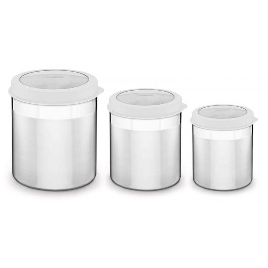 JOGO DE POTES CUCINA EM ACO INOX TAMPA PLASTICA BRANCA COM VISOR 3 PECAS TRAMONTINA