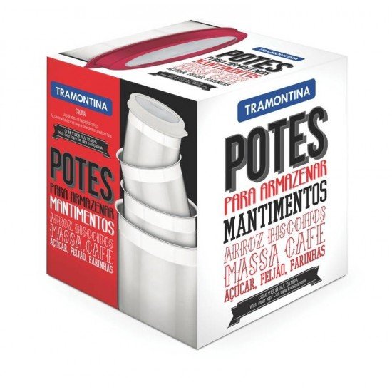 JOGO DE POTES CUCINA EM ACO INOX TAMPA PLASTICA VERMELHA COM VISOR 4 PECAS TRAMONTINA