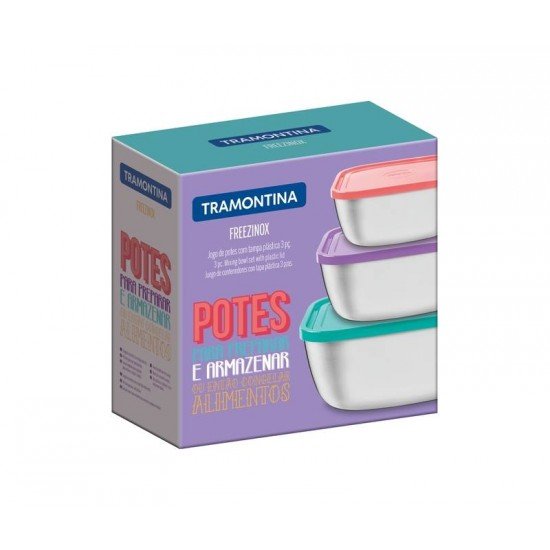 JOGO DE POTES FREEZINOX QUADRADOS EM ACO INOX COM TAMPAS PLASTICA MULTICORES 3 PECAS TRAMONTINA