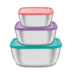 JOGO DE POTES FREEZINOX QUADRADOS EM ACO INOX COM TAMPAS PLASTICA MULTICORES 3 PECAS TRAMONTINA