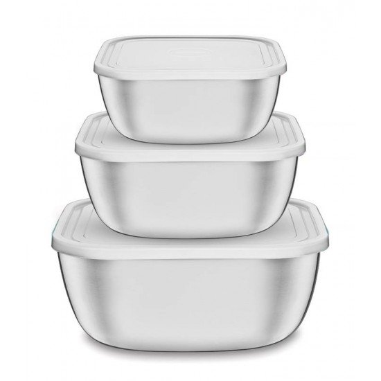 JOGO DE POTES EM ACO INOX COM TAMPA PLASTICA 3 PECAS TRAMONTINA