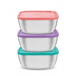 JOGO DE POTES FREEZINOX QUADRADOS EM ACO INOX COM TAMPA PLASTICA MULTICORES 3 PECAS TRAMONTINA