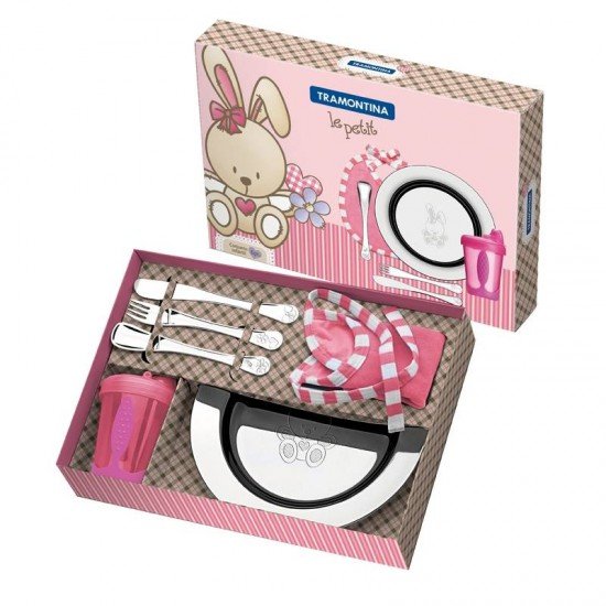 KIT INFANTIL LE PETIT PARA REFEICAO ROSA EM ACO INOX 6 PECAS TRAMONTINA