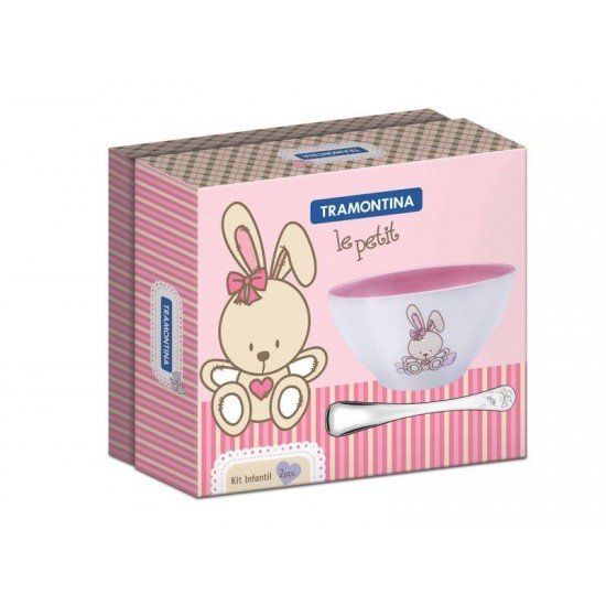 KIT INFANTIL LE PETIT ROSA COM CUMBUCA EM CERAMICA E COLHER EM ACO INOX 2 PECAS TRAMONTINA