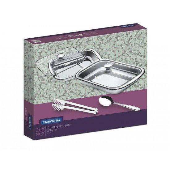 KIT PARA ASSAR E SERVIR COSMOS EM ACO INOX COM TAMPA DE VIDRO 4 PECAS TRAMONTINA