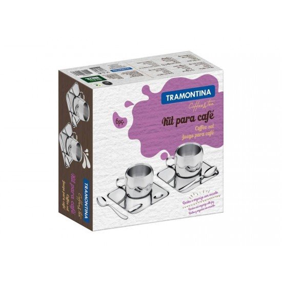KIT PARA CAFE EM ACO INOX ACABAMENTO BRILHO COM XICARA PIRES QUADRADO E COLHER 6 PECAS TRAMONTINA