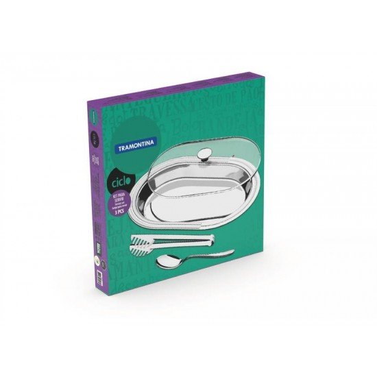 KIT PARA SERVIR CICLO EM ACO INOX COM TAMPA DE VIDRO 3 PECAS TRAMONTINA
