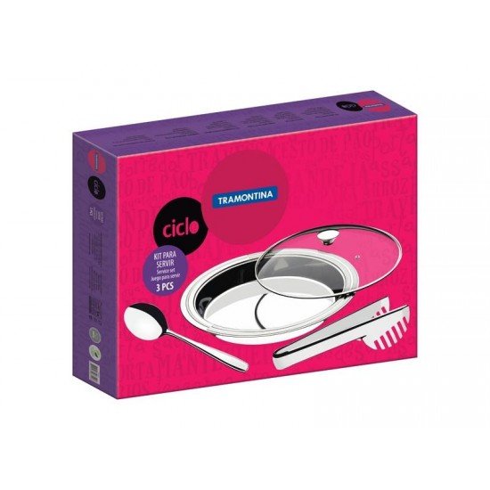 KIT PARA SERVIR CICLO REDONDO EM ACO INOX COM TAMPA DE VIDRO 3 PECAS TRAMONTINA