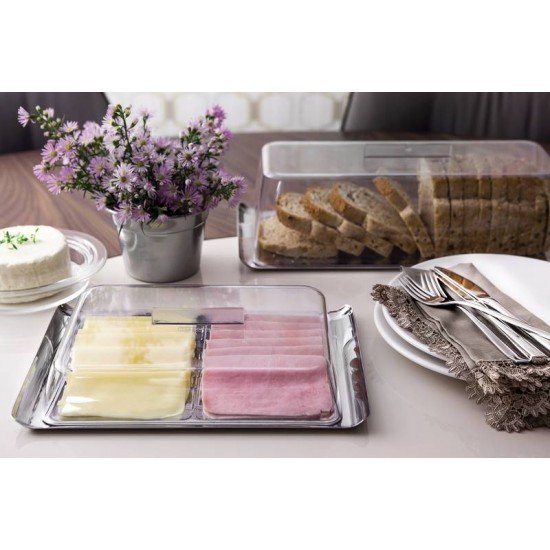 PORTA FRIOS QUADRATA EM ACO INOX COM CUPULA TRANSPARENTE 2 PECAS TRAMONTINA