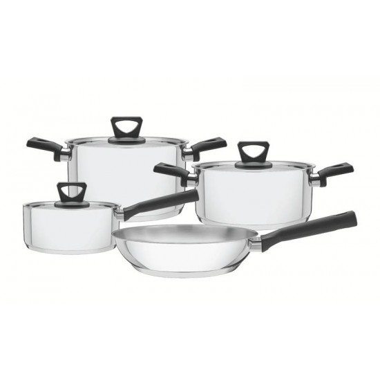 JOGO DE PANELAS TRAMONTINA BRAVA BAQUELITE EM AÇO INOX COM FUNDO TRIPLO E CABOS E ALÇAS DE BAQUELITE PRETO 4 PEÇAS