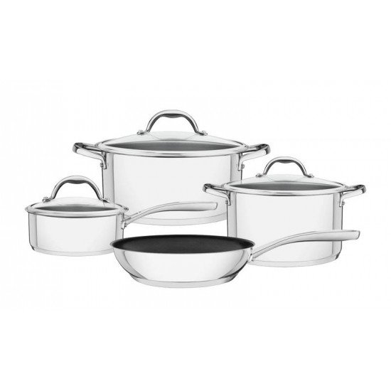 JOGO DE PANELAS SPEZIA EM ACO INOX FUNDO TRIPLO E ANTIADERENTE TAMPAS DE VIDRO 4 PECAS TRAMONTINA