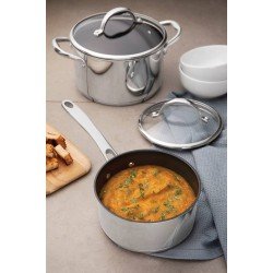 JOGO DE PANELAS SPEZIA EM ACO INOX FUNDO TRIPLO E ANTIADERENTE TAMPAS DE VIDRO 4 PECAS TRAMONTINA